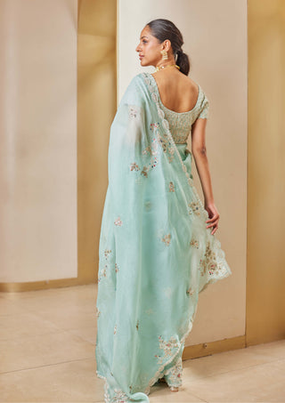 Osaa By Adarsh-Teal Embroidered Sari And Blouse-INDIASPOPUP.COM
