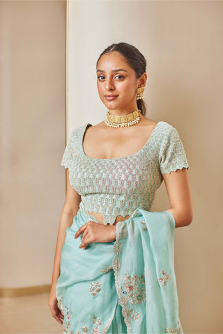 Osaa By Adarsh-Teal Embroidered Sari And Blouse-INDIASPOPUP.COM