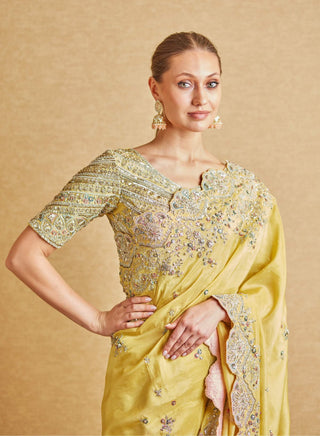 Osaa By Adarsh-Amber Yellow Embroidered Sari And Blouse-INDIASPOPUP.COM