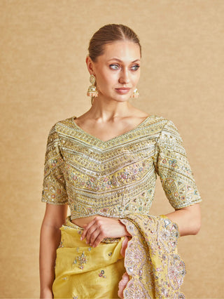 Osaa By Adarsh-Amber Yellow Embroidered Sari And Blouse-INDIASPOPUP.COM