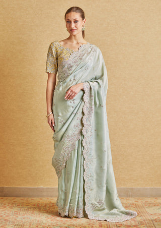 Osaa By Adarsh-Teal Embroidered Sari And Blouse-INDIASPOPUP.COM