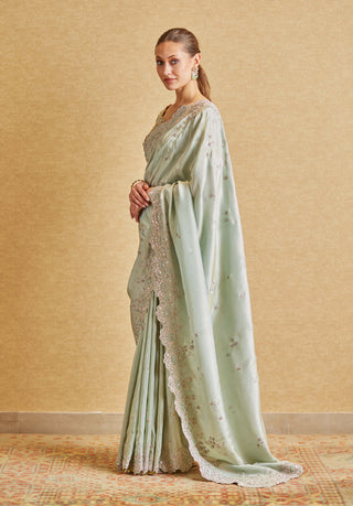 Osaa By Adarsh-Teal Embroidered Sari And Blouse-INDIASPOPUP.COM