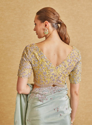 Osaa By Adarsh-Teal Embroidered Sari And Blouse-INDIASPOPUP.COM