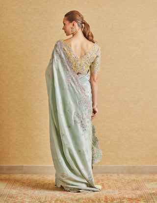 Osaa By Adarsh-Teal Embroidered Sari And Blouse-INDIASPOPUP.COM