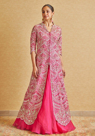 Osaa By Adarsh-Scarlet Embroidered Long Jacket And Skirt-INDIASPOPUP.COM