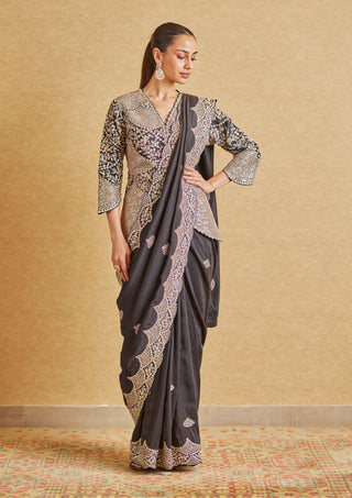 Osaa By Adarsh-Black Embroidered Sari And Blouse-INDIASPOPUP.COM