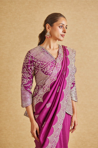 Osaa By Adarsh-Aubergine Embroidered Sari And Blouse-INDIASPOPUP.COM