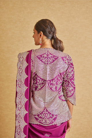 Osaa By Adarsh-Aubergine Embroidered Sari And Blouse-INDIASPOPUP.COM