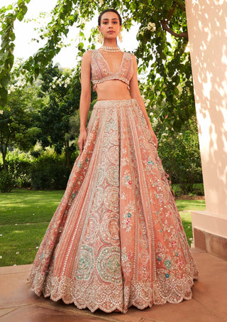 Osaa By Adarsh-Coral Embroidered Lehenga Set-INDIASPOPUP.COM