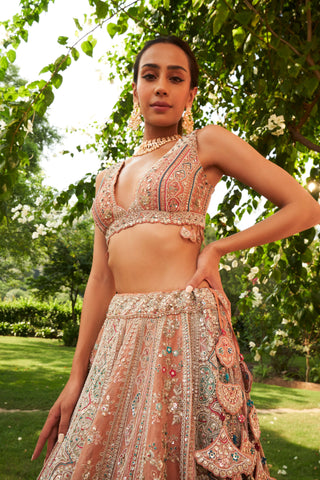 Osaa By Adarsh-Coral Embroidered Lehenga Set-INDIASPOPUP.COM