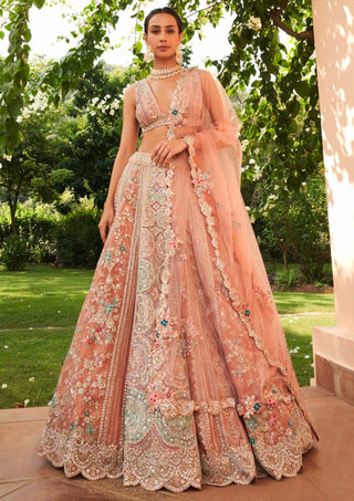 Osaa By Adarsh-Coral Embroidered Lehenga Set-INDIASPOPUP.COM