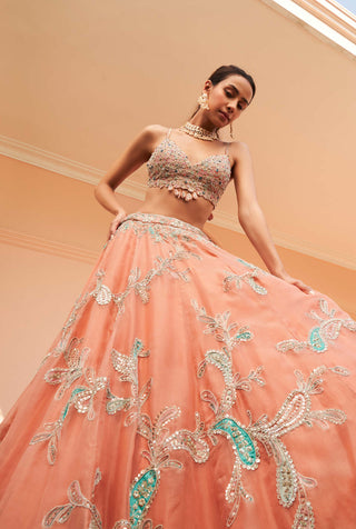 Osaa By Adarsh-Coral Embroidered Lehenga Set-INDIASPOPUP.COM