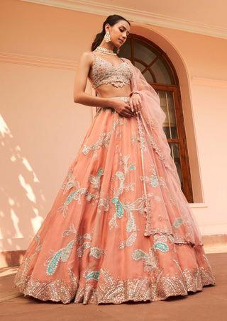 Osaa By Adarsh-Coral Embroidered Lehenga Set-INDIASPOPUP.COM