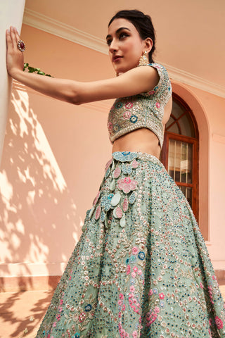 Osaa By Adarsh-Cadet Blue Embroidered Lehenga Set-INDIASPOPUP.COM