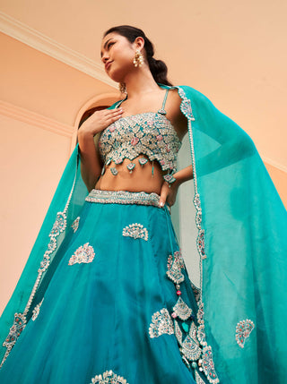 Osaa By Adarsh-Pine Green Organza Embroidered Lehenga Set-INDIASPOPUP.COM