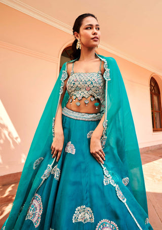 Osaa By Adarsh-Pine Green Organza Embroidered Lehenga Set-INDIASPOPUP.COM