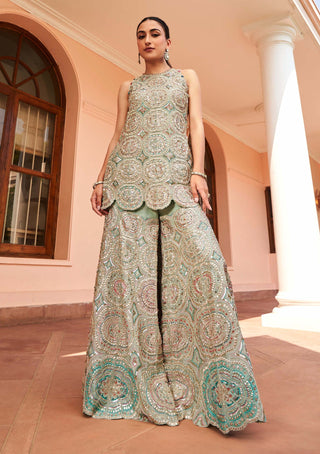 Osaa By Adarsh-Cadet Blue Embroidered Organza Sharara Set-INDIASPOPUP.COM