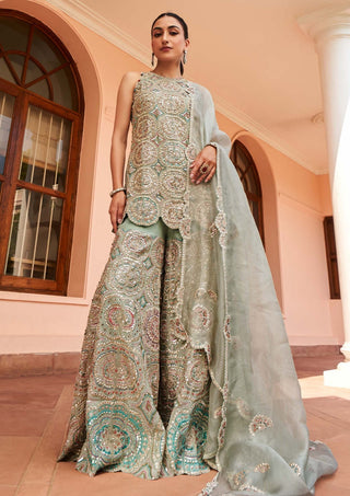 Osaa By Adarsh-Cadet Blue Embroidered Organza Sharara Set-INDIASPOPUP.COM
