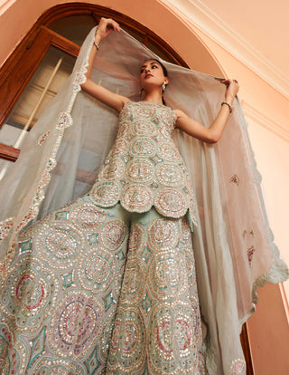 Osaa By Adarsh-Cadet Blue Embroidered Organza Sharara Set-INDIASPOPUP.COM