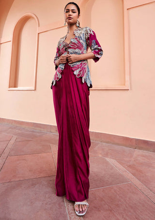Osaa By Adarsh-Sangria Plum Embroidered Jacket And Skirt Set-INDIASPOPUP.COM