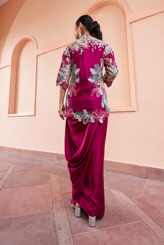 Osaa By Adarsh-Sangria Plum Embroidered Jacket And Skirt Set-INDIASPOPUP.COM