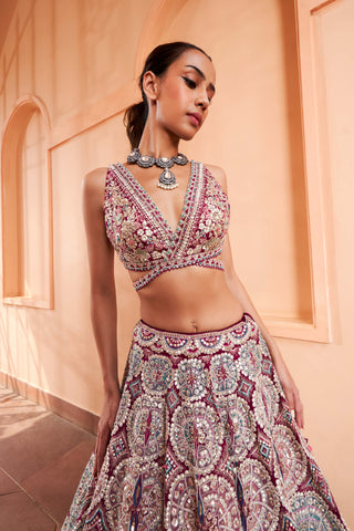 Osaa By Adarsh-Sangria Plum Embroidered Lehenga Set-INDIASPOPUP.COM