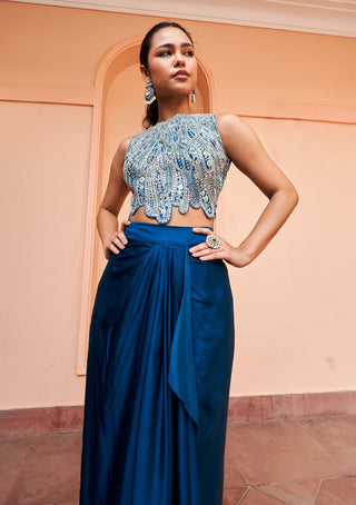 Osaa By Adarsh-Jade Blue Embroidered Top And Skirt-INDIASPOPUP.COM