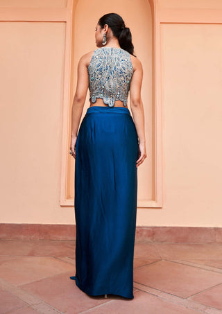 Osaa By Adarsh-Jade Blue Embroidered Top And Skirt-INDIASPOPUP.COM