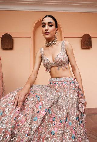 Osaa By Adarsh-Coral Zardozi Embroidered Lehenga Set-INDIASPOPUP.COM