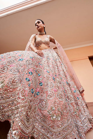 Osaa By Adarsh-Coral Zardozi Embroidered Lehenga Set-INDIASPOPUP.COM