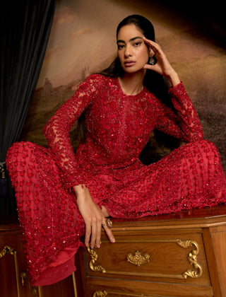 Gigi	Ruby Red Jacket And Sharara Set by Mani Bhatia available on Indiaspopup.com