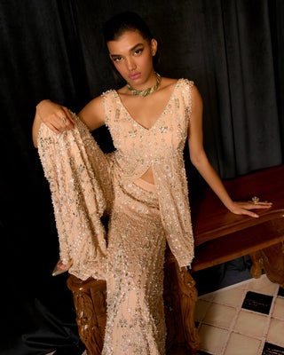 Cinderella Peachy Dust Peplum And Sharara Set by Mani Bhatia available on Indiaspopup.com