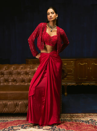 Josée Crimson Red Jacket And Skirt Set by Mani Bhatia available on Indiaspopup.com