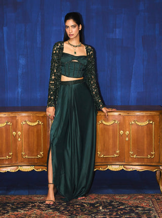Gaby Dark Emerald Green Jacket And Skirt Set by Mani Bhatia available on Indiaspopup.com