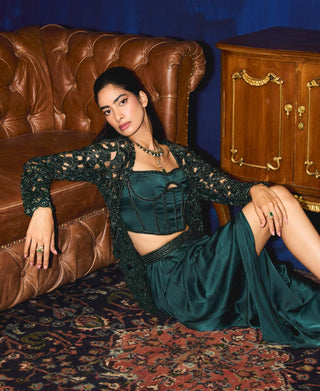Gaby Dark Emerald Green Jacket And Skirt Set by Mani Bhatia available on Indiaspopup.com