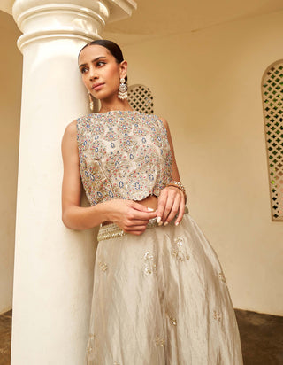Osaa By Adarsh-Silver Embroidered Top And Skirt-INDIASPOPUP.COM
