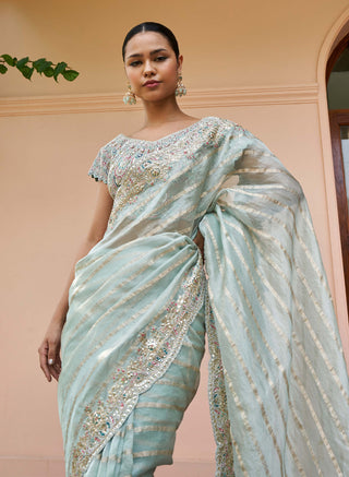 Osaa By Adarsh-Teal Tissue Sari And Blouse-INDIASPOPUP.COM