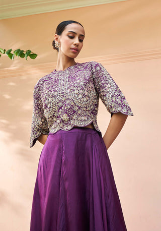 Osaa By Adarsh-Aubergine Embroidered Top And Skirt-INDIASPOPUP.COM
