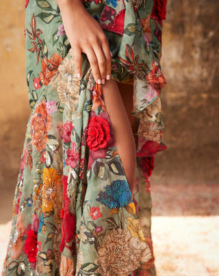 Varun Bahl-Sage Green Asymmetrical Skirt And Corset-INDIASPOPUP.COM