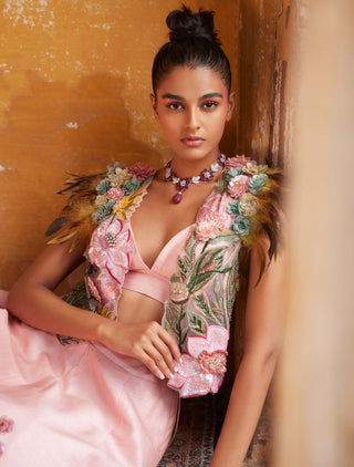Varun Bahl-Light Pink Corsage Lehenga Gilet Set-INDIASPOPUP.COM