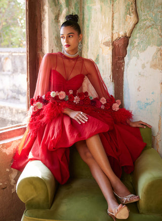 Varun Bahl-Scarlet Red Corsage Cape And Skirt Set-INDIASPOPUP.COM