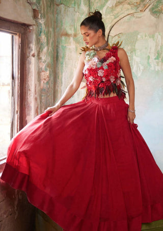 Varun Bahl-Scarlet Red Corsage Top & Skirt Set-INDIASPOPUP.COM