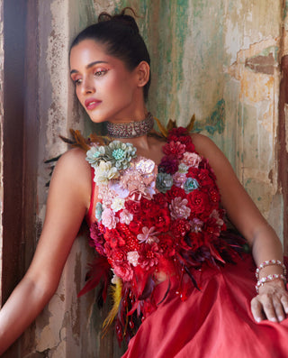 Varun Bahl-Scarlet Red Corsage Top & Skirt Set-INDIASPOPUP.COM