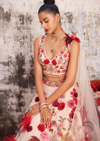 Varun Bahl-Light Salmon Pink Corsage Lehenga Set-INDIASPOPUP.COM