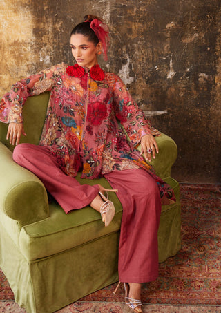 Varun Bahl-Old Rose Floral Printed Zipper Tunic And Pant Set-INDIASPOPUP.COM