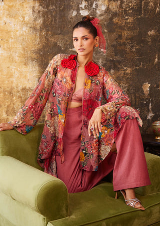 Varun Bahl-Old Rose Floral Printed Zipper Tunic And Pant Set-INDIASPOPUP.COM