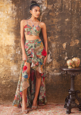 Varun Bahl-Sage Green Asymmetrical Skirt And Corset-INDIASPOPUP.COM