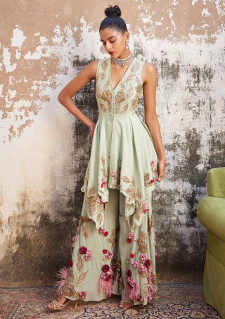 Varun Bahl-Mint & Gold Corsage Sharara Set-INDIASPOPUP.COM