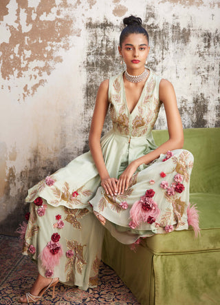 Varun Bahl-Mint & Gold Corsage Sharara Set-INDIASPOPUP.COM