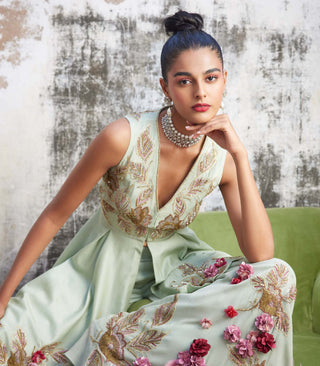 Varun Bahl-Mint & Gold Corsage Sharara Set-INDIASPOPUP.COM
